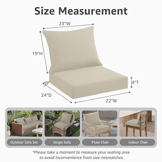 PatioGlow Outdoor Seat Cushion Set 22 x 24 x 4 Inch, Waterproof & Fade Resistant Patio Furniture Cushions with Removable Cover, Thick Deep Seating Pads for Outside Chair Sofa Couch