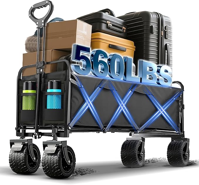 350L Large Capacity Foldable Wagon with Brakes, 560lbs Heavy Duty Collapsible Wagon Cart with Push Handle All-Terrain Big Wheels for Camping, Sports, Shopping, Beach