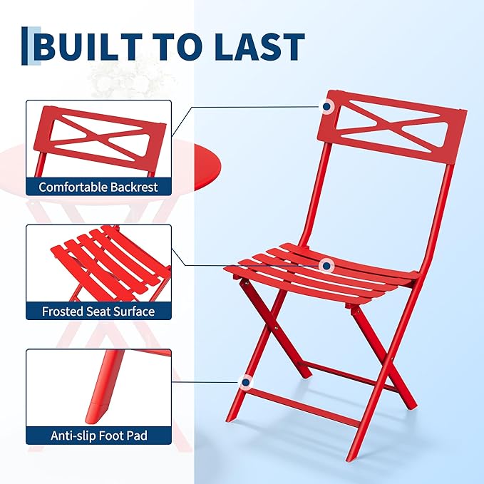 GarveeTech 3-Piece Folding Bistro Set, Heavy Duty Outdoor Patio Furniture with 2 Chairs & 1 Table, Weather-Resistant Steel Frame, No Assembly Required for Garden, Yard, Balcony,Red