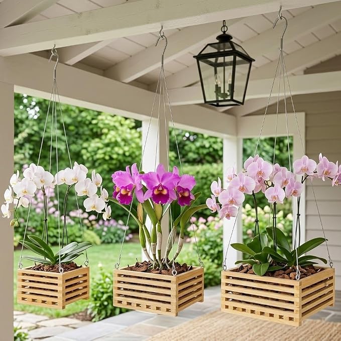 Wooden Orchid Baskets with Hangers for Ferns & Vandas, 6", 8" & 10" Square Wood Hanging Planter Set for Patio, Balcony Decor, Garden Flower Pots for Indoor Outdoor Plants, 3 Pack