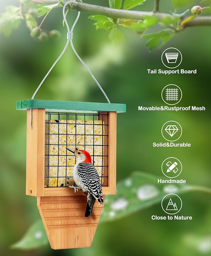 Gbekery Wooden Suet Bird Feeder for Outside Hanging, Woodpecker Suet Feeder with Tail Prop, Hanging Bird Feeder for Wild Birds, 1 Pack, Green