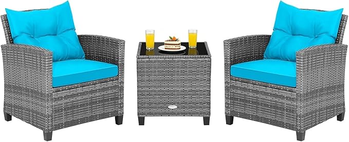 COSTWAY 3PCS Patio Furniture Set, PE Rattan Wicker Sofa w/Washable Cushion and Coffee Table, Tempered Glass Tabletop, Outdoor Conversation Set for Balcony, Porch, Yard, Backyard, Lawn, Turquoise