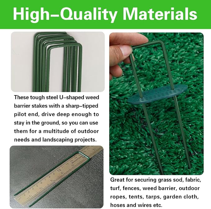 Bakulyor 200pcs Green Artificial Turf Stakes Staples + 200pcs Buffer Washer, 6 Inch 11 Gauge Landscape Staples, Galvanized Lawn Spikes, Heavy Duty Yard Ground Pin for Grass Weed Barrier Sod Fabric