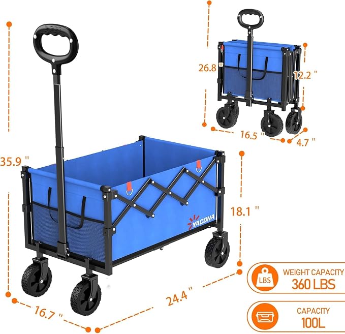 Yozoia Wagons Carts Foldable, Lightweight Portable Utility Shopping Cart with Wheels, Folding Grocery Wagon Cart for Grocery, Camping, Shopping, Beach, Garden, Sports Blue
