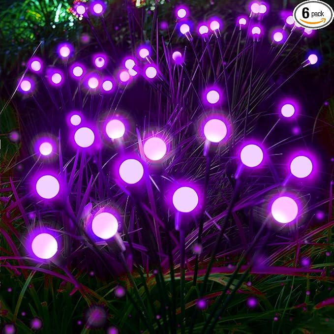 Halloween Decorations Outdoor Solar Firefly Lights 6 Pack 48 LED Purple | 2 Lighting Modes, Memory Function and Auto On/Off, Sway with Wind, Waterproof Halloween Decor for Outside Horror Party Garden