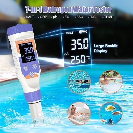 7-in-1 Digital Water Tester – Chlorine, pH, Salt, ORP, EC, TDS & Temp Meter for Pools, Spas & Hydroponics，Chlorine