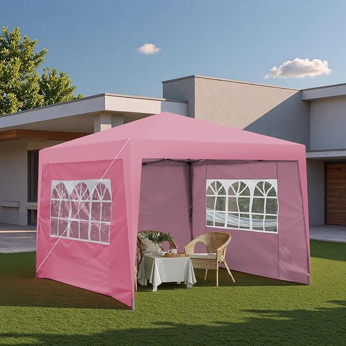 10x10FT Canopy Tent, Outdoor Gazebo Pop up Canopy with 4 Removable Sidewalls & 2 Windows, Patio Camping Shade Canopy with 4 PCS Weight Sand Bag & Carry Bag, Ideal for Parties Events, Pink
