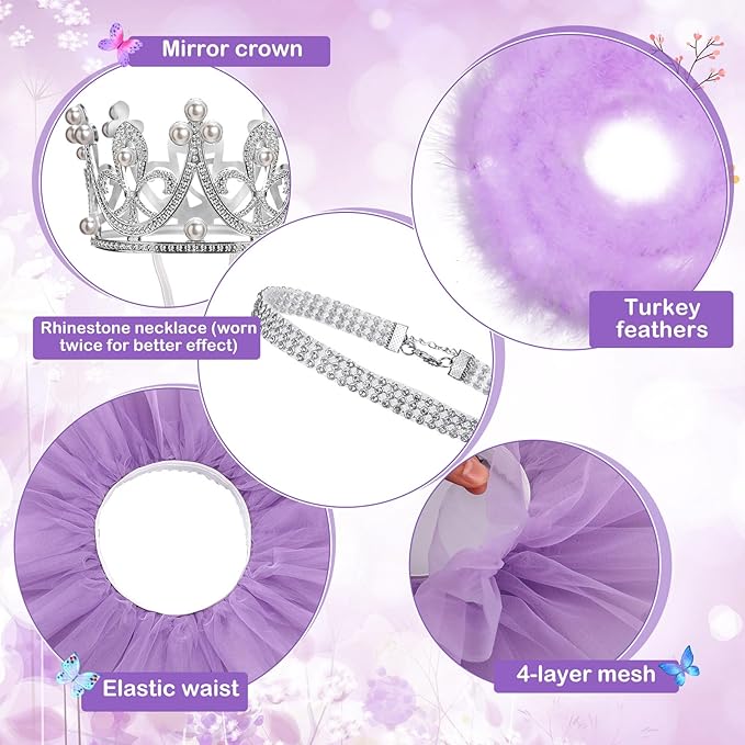 4 Pcs Princess Porch Goose Outfit for 23" 17" Cement Lawn Goose Costume Crown Necklace Tutu Skirt Feather Trim for Princess Outdoor Garden Lawn Art Decor(Purple)