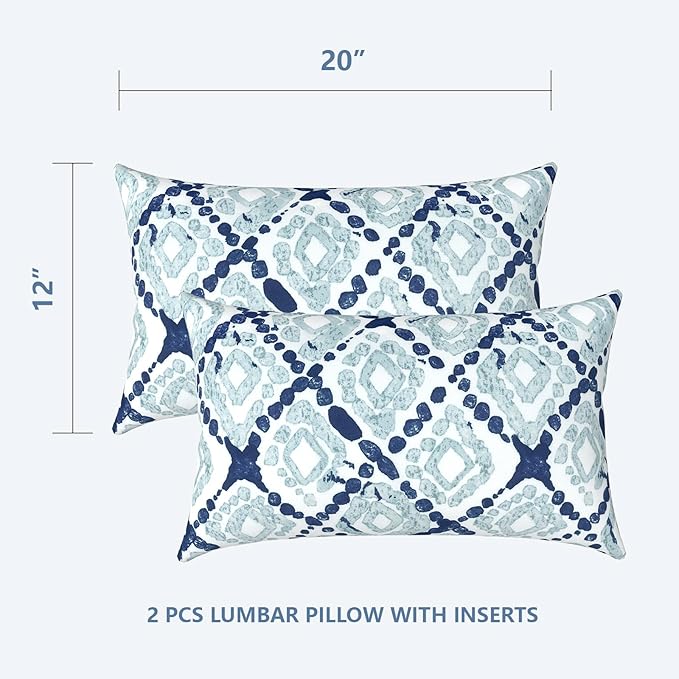 LVTLVTXIII 12×20 Inch Outdoor Lumbar Pillows, Pack of 2 Water Repellent Lumbar Pillow with Inserts, Fluffy Decorative Garden Lumbar Cushions for Home Patio Coach Sofa Use, Boho Geometry Blue