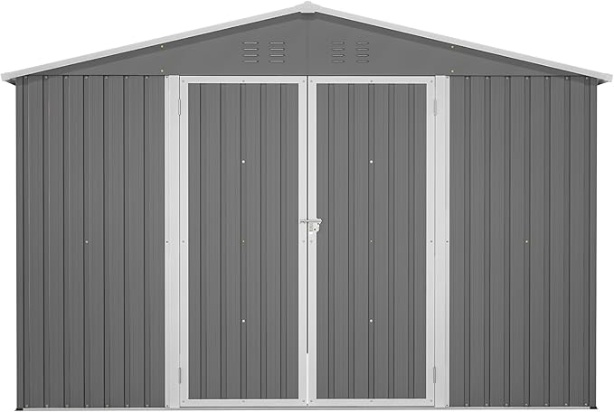 YOPTO 10×10 FT Outdoor Storage Shed,Metal Aluminum Waterproof Tool Sheds with Doors and Vents,Heavy-Duty Sheds Unit W/Lock and Key,for Storing Bicycles,Lawnmowers,Barbeques,Gray