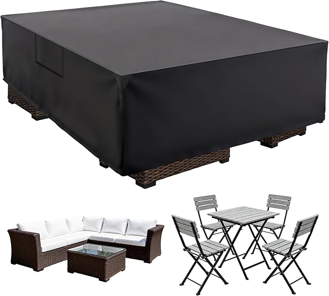 DUMOS Outdoor Furniture Cover, Rectangular Heavy Duty 600D UV Resistant & Waterproof Patio Furniture Covers for Deck Table and Chairs, Backyard Patio Dining Sets, 108"L x 82"W x 28"H, Black