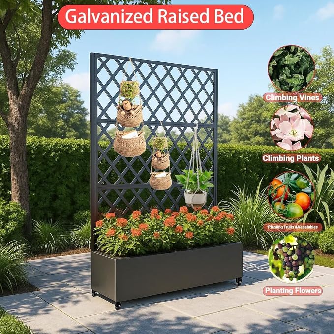 Metal Raised Garden Bed, 72" H x 47" W Privacy Planter Box with Trellis and Wheels, Hook, Freestanding Privacy Planter Box for Climbing Plants, Vegetables & Vines, Drainage Holes