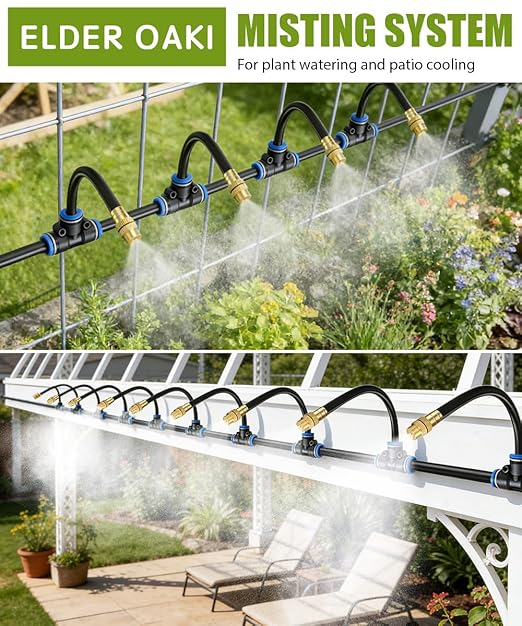 32FT Easy-Snap Garden Irrigation System for Raised Beds & Greenhouses, Upgraded 8mm (5/16") High-Flow PE Tubing with 10 Bendable 360° Copper Nozzles, Quick-Connect Plant Watering Kit