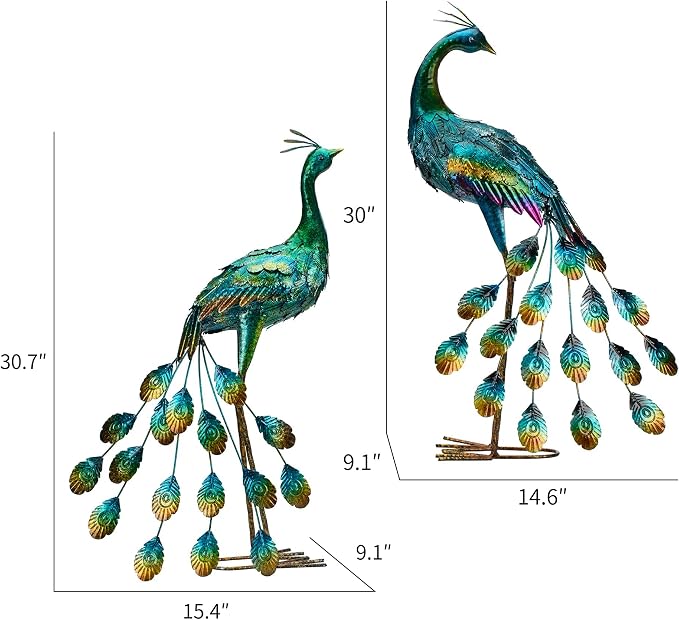 Kircust Metal Peacock Staues for Outdoor Garden | Yard Art Sculptures, Weather-Resistant, Hand-Painted, 30.7"H, For Backyard, Patio, Porch