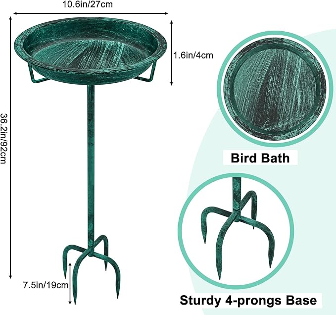Metal Bird Bath for Outside, 36.2" Height Birdbath Bowl Standing Bird Feeders for Outdoors with 4 Prongs Base Stake, Freestanding Birdfeeders for Garden Yard Lawn Decor (Retro Green)