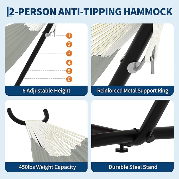 Garvee 2 Person Hammocks with Stand for Outside, Double Hammocks Portable Space Saving Heavy-Duty Steel Stand for Indoor Outdoor Patio with Carrying Bag, 450 lbs Capacity