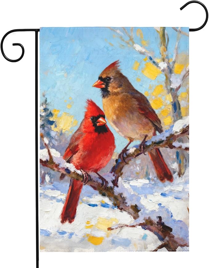 Winter Cardinal Garden Flag 12x18 Inch Snow Scene Bird Twigs Christmas Holiday Decorative Yard Flags for Outside Double Sided Seasonal Outdoor Home Farmhouse Decoration Porch January Decor