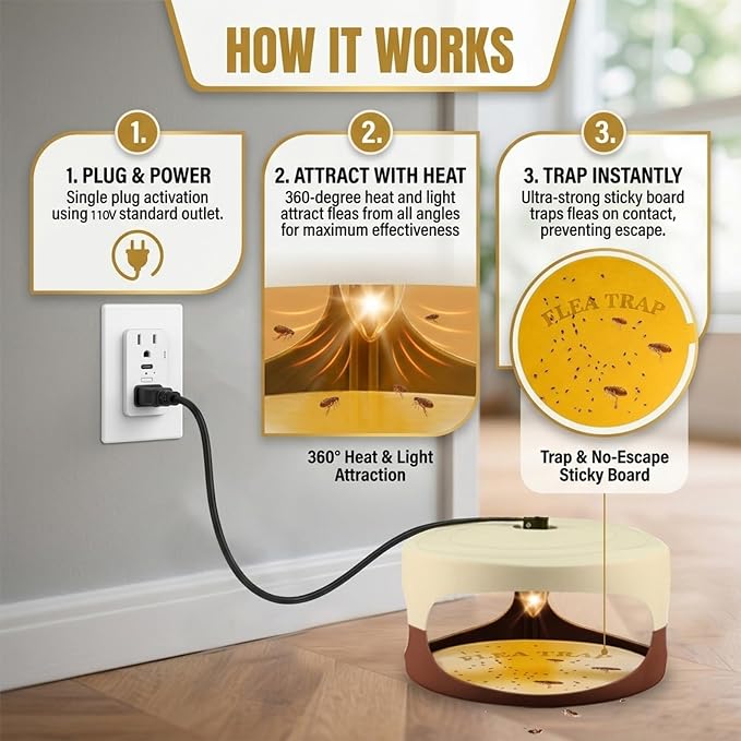 4 Packs Flea Trap-Flea Traps for Inside Your Home, Effective Flea Trap with Light for Indoor, Friendly Traps for Garage with 12 Sticky Disc 12 Bulbs 4 Electric Wires, Safe to Pets