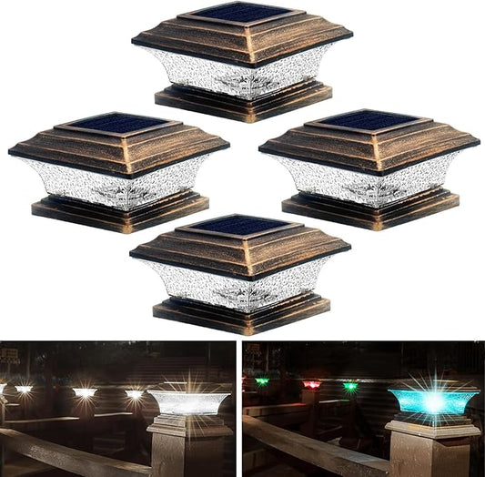HUYIENO Solar Post Cap Lights - Outdoor LED Deck Fence Cap Light with 9 Light Modes, Bright White & 7 Color Fixed/Cycling Modes - Suitable for 4x4 & 5x5 Wooden Posts, Brushed Copper Finish, 4pk
