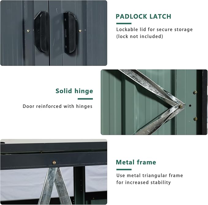 62.99" Metal Garbage Bin Shed Stores with Ventilated and Lockable,Patio Furniture 2 Trash Cans Outdoor Sheds w/Rust-Proof & Scratch- Resistant,for Garden Yard Lawn,Black