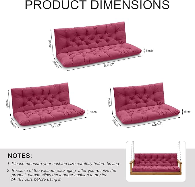 Porch Swing Cushions, Outdoor Swing Replacement Cushions 3 Seater with Backrest, Waterproof Bench Cushion with Ties,for Patio,Porch, Garden,Backyard