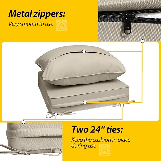 AAAAAcessories Outdoor Seat Cushions for Chairs, Fade-Resistant, Waterproof Patio Furniture Replacement Cushions, 24" x 24" x 5" + 24" x 19", Beige