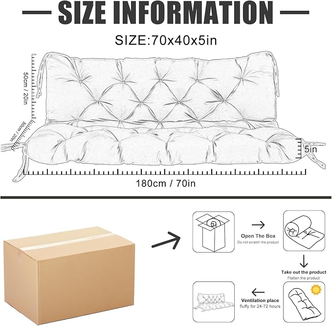 Porch Swing Cushions 70 inch Waterproof & Fade Resistant Thicken 5" Outdoor Swing Cushions 3 Seater Replacement with Backrest & Ties Patio Swing Cushions for Outdoor Furniture (Flower)