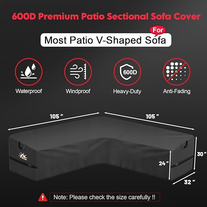 Zettum Outdoor V-Shaped Sectional Cover - 600D Patio Sectional Sofa Cover, Waterproof & Heavy Duty Patio Furniture Covers for Outdoor Sectional Sofa and Couch, 105x105 Inch Wide