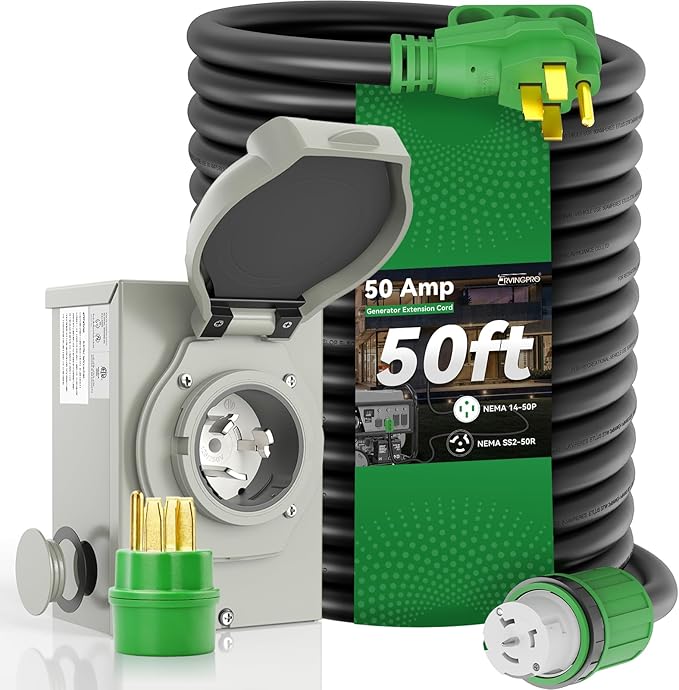 50 Amp Generator Cord 50FT and Power Inlet Box, Pre-Drilled 50 Amp Generator Inlet Box with Cord, NEMA 14-50P to SS2-50R Generator Cord Waterproof Combo Kit, ETL Listed
