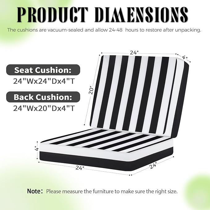 Deep Seat Patio Cushions Set of 2, 24x24 Inch Waterproof & Fade Resistant Outdoor Chair Cushions, Thick Padded Replacement Sofa Cushions for Garden Yard Furniture