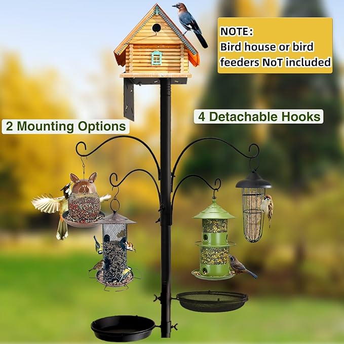 Bird Feeder Pole - 92 Inch Heavy Duty Birdhouse Stand with Squirrel Proof Baffle for Outdoor, Adjustable Bird Feeding Station with Multi Shepherds Hooks Mental Trays for Garden Attracting Wild Birds