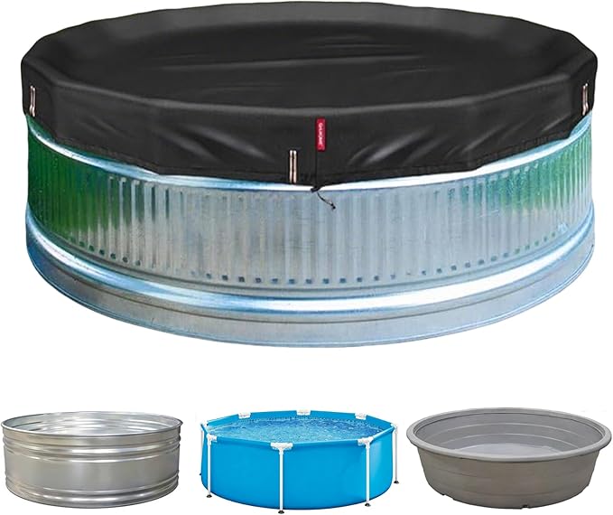 QH.HOME 8 ft Round Pool Cover,Stock Tank Pool Cover - Black Oxford Fabric Heats Water, Blocks Leaves & Sun, Windproof Snug Fit with Drawstring & Weight Rings