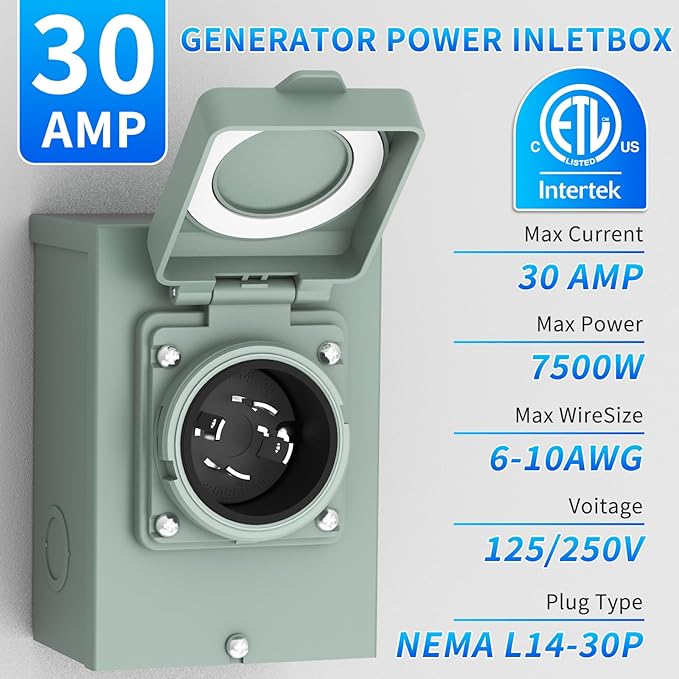 BEBOBLY Generator Inlet Box, 30 Amp NEMA L14-30P Power Inlet Box for 4 Prong Generator Cord, 7500W 125/250V Receptacle for Outdoor Use, Generator Accessories,Weatherproof, ETL Listed