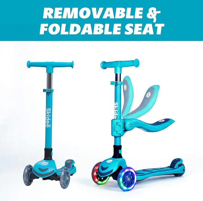 SKIDEE Kick Scooter for Kids Ages 3-5 | Foldable 3 Wheel Scooter with Lean-to-Steer, Adjustable Height, Removable Seat & LED Light Wheels | Toddler Scooter Up to 12 Year Old Boys/Girls
