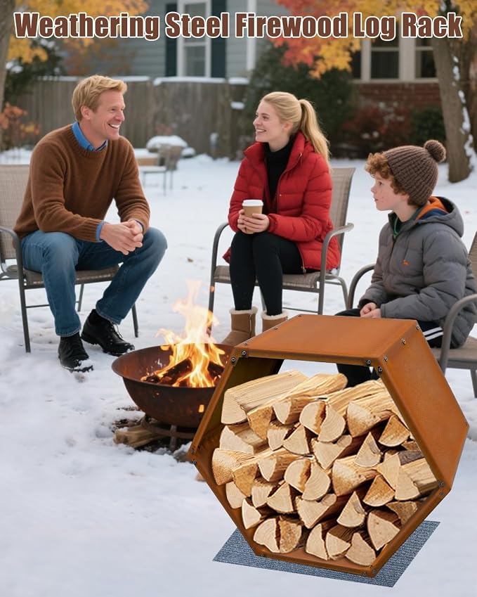Firewood Log Rack Heavy-Duty, Corten Steel Firewood Rack with Hexagon Design, Fire Log Stacker for Wood Storage, Wood Holder for Outdoor Indoor