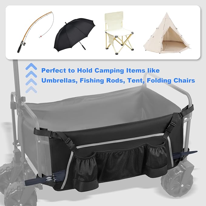 Collapsible Wagon Side Pocket with Reflective Strip, Folding Wagon Cart Storage Bag with Mesh Pouch for Umbrella, Foldable Accessories Bag for Outdoor, Camping, Black, Bag Only, Not Including Wagon