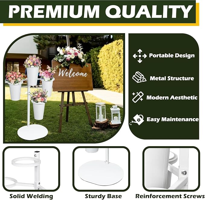 PROLEE Flower Display Stand with 4 Round Buckets, Flower Display Stand, Flower Stand Metal, Florist Bouquet Shelf for Wedding, Party, Events, Oval Base, White