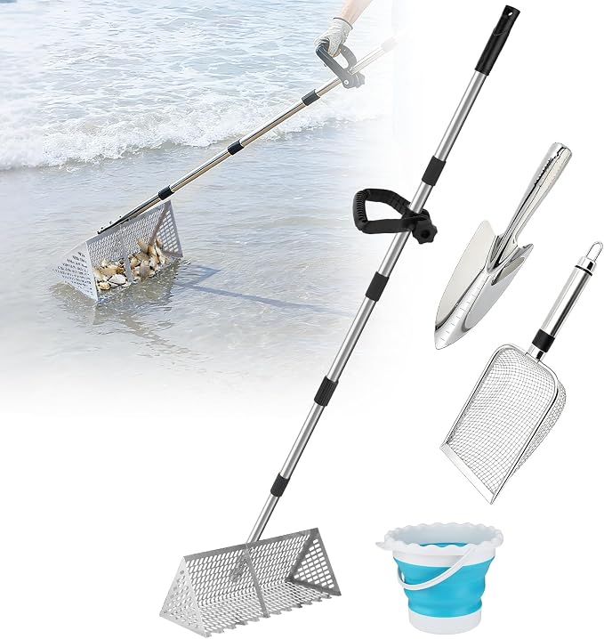 69in Effortless Sand Flea Rake Kit - Anti-Rust Stainless Steel Shark Tooth Sifter with The Narrow Shovel, Mesh Sand Scoop & Bucket, Sands Sifter Shelling Tools for Beach Metal Detecting Beachcombing