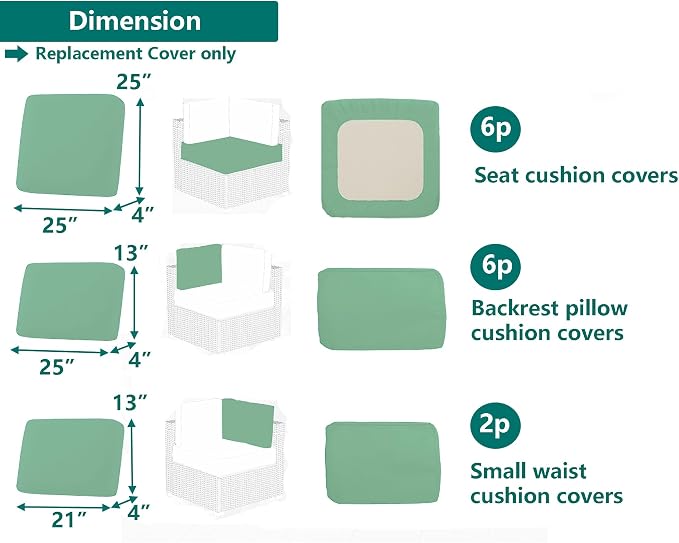 Outdoor Cushion Covers Replacement 14 Pcs Patio Cushion Covers fit for 7Pieces 6-Seater Wicker Rattan Sectional Couch Sofa Outdoor Cushion Slipcovers Set Seat and Back Cover Only, Bean Green