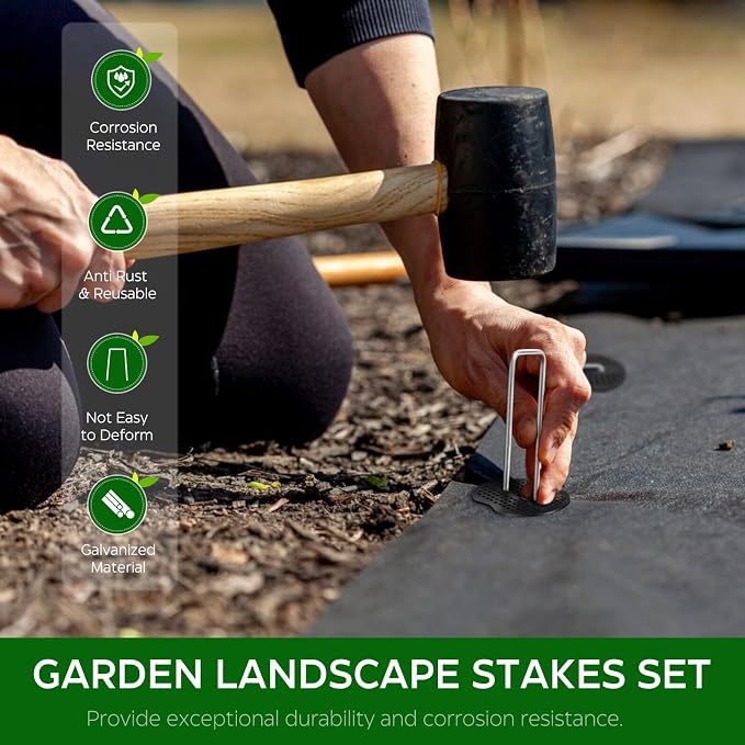 300 Pcs Garden Stakes Landscape Staples Set, 6 Inch 11 Gauge Heavy Duty Galvanized 150 U-Shaped Pins with 150 Gaskets for Weed Barrier Fabric, Grass Sod, Artificial Turf & Yard Landscaping