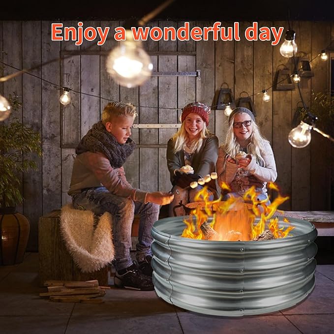 YSEJOMP 32 Inch Diameter Round Galvanized Fire Pit Ring/Fire Ring - Foldable and Perfect for Outdoor Gatherings and Campfires in The Yard/Garden/Park/Beach (Silver, 2.7 FT Diameter)