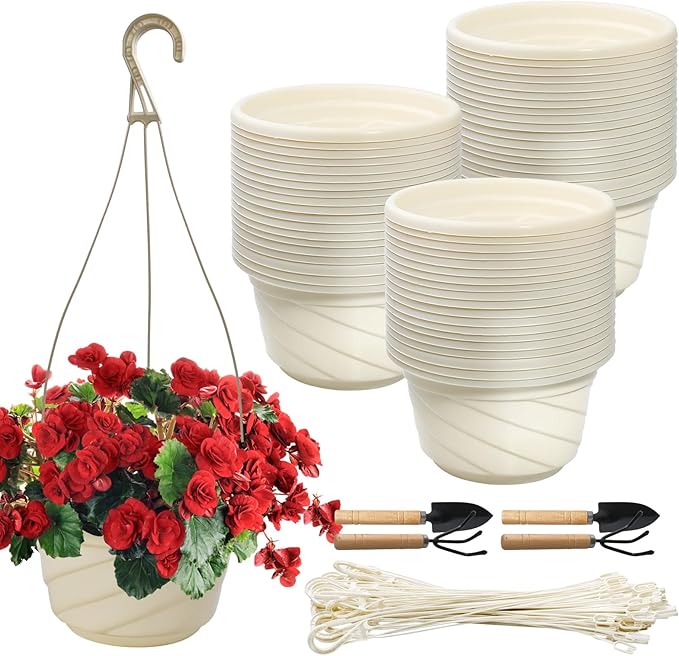 58 Pcs Plastic Hanging Planter Set with 2 Sets Potting Tools, Indoor Outdoor Flower Containers with Hooks Round Hanging Pots for Plants, Balcony and Garden Decor