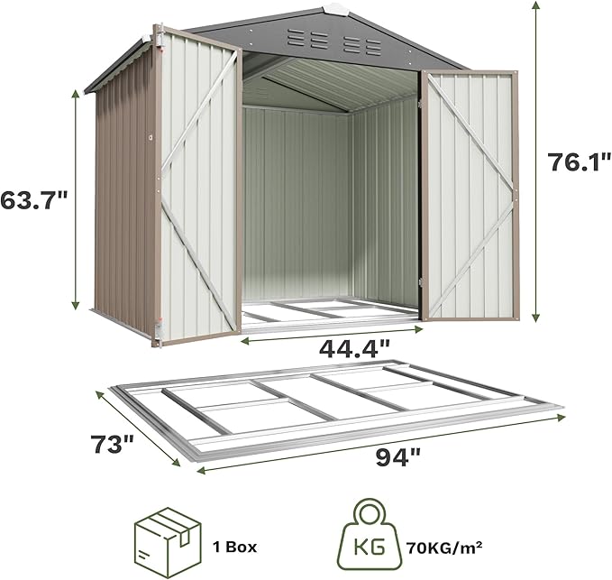 Greesum 8x6FT Outdoor Storage Shed with Base, Utility Tool Shed with Sloping Roof, Metal Storaged Garden Shed with Door & Lock for Patio Storage, Brown