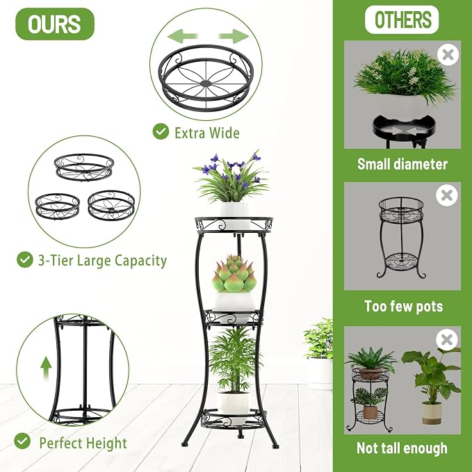 iDavosic.ly Plant Stand for Indoor Outdoor 2 Pack, 3 Tier Wrought Iron Vertical Flower Holder Shelf and 5 Layer Metal Pot Display Rack for Patio Porch Garden Living Room, Black
