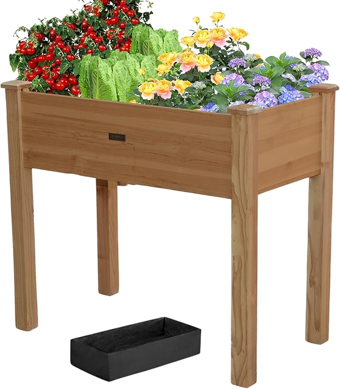 Wooden Raised Garden Bed with Legs, Elevated Reinforced Planter Box with Bed Liner for Backyard/Patio/Gardener, 34x18x30in, 150lb Capacity, Acorn Brown