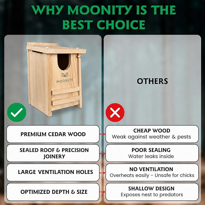 MOONITY Premium Cedar Owl House – 14" x 9" x 9" All-Season Nesting Box for Screech, Kestrel & More – Durable, Weatherproof & Easy to Install