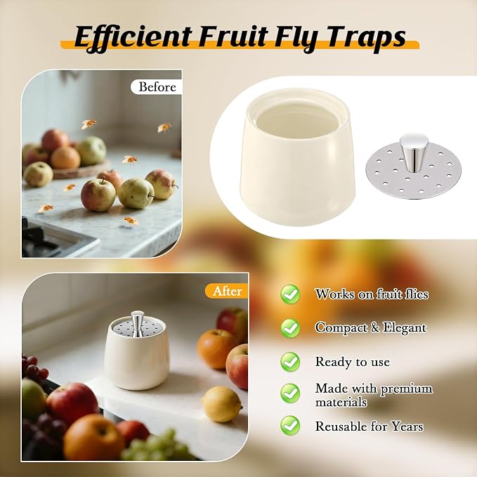 Ceramic Fruit Fly Trap for Indoors, Reusable Kitchen Fly Catcher with Stainless Steel Vent Lid, Uses Safe & Natural Vinegar Bait Trap, Dishwasher Safe, Easy to Use(White,4 Pack)