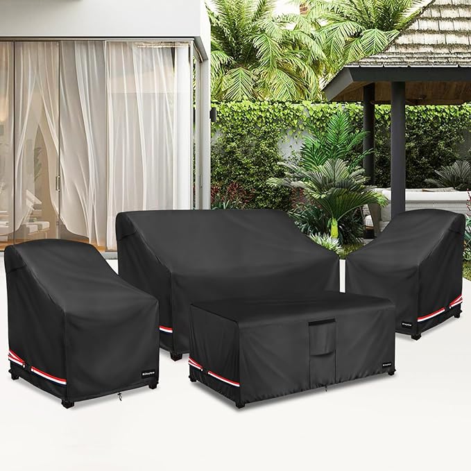 Rileytee Patio Furniture Set Covers,4 Pcs 600D Heavy Duty 100% Waterproof Outdoor Furniture Cover,Fit Patio Loveseat, Chair and Coffee Table (Black,Medium)
