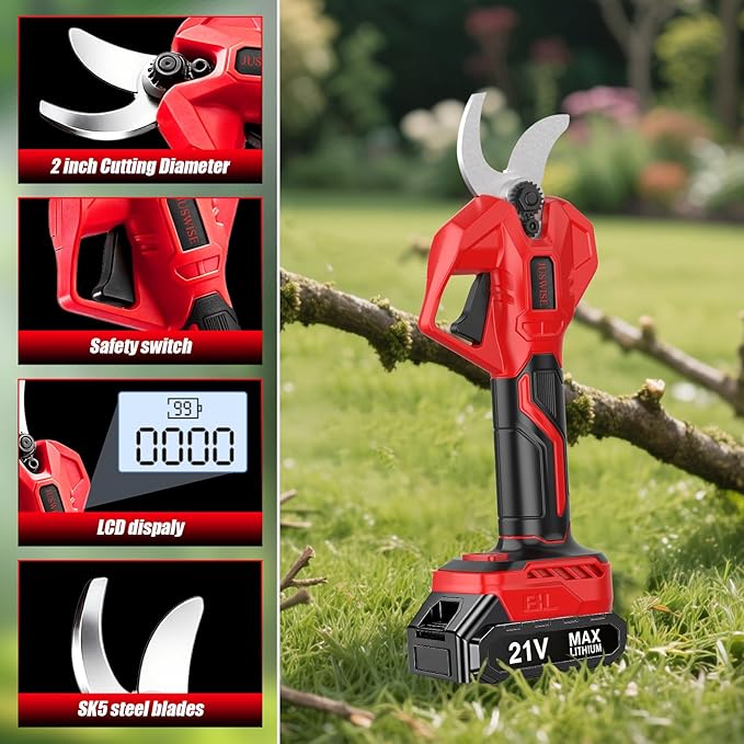 Electric Pruning Shears，2 inch (50mm) Cutting Diameter Electric Pruner with LCD Display 2 * 2.0Ah Batteries Brushless Cordless Garden Shears for Branch,Fruit,Yard and Tree Trimming