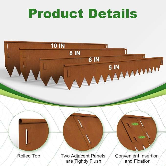 Cor Ten Steel Landscape Edging 40" L x 8" H, Hammer-in Landscape Edging, Metal Garden Edging Border with 6 Clips & Gloves - Edge for Lawn Yard COR-Ten Steel (6 Pack)